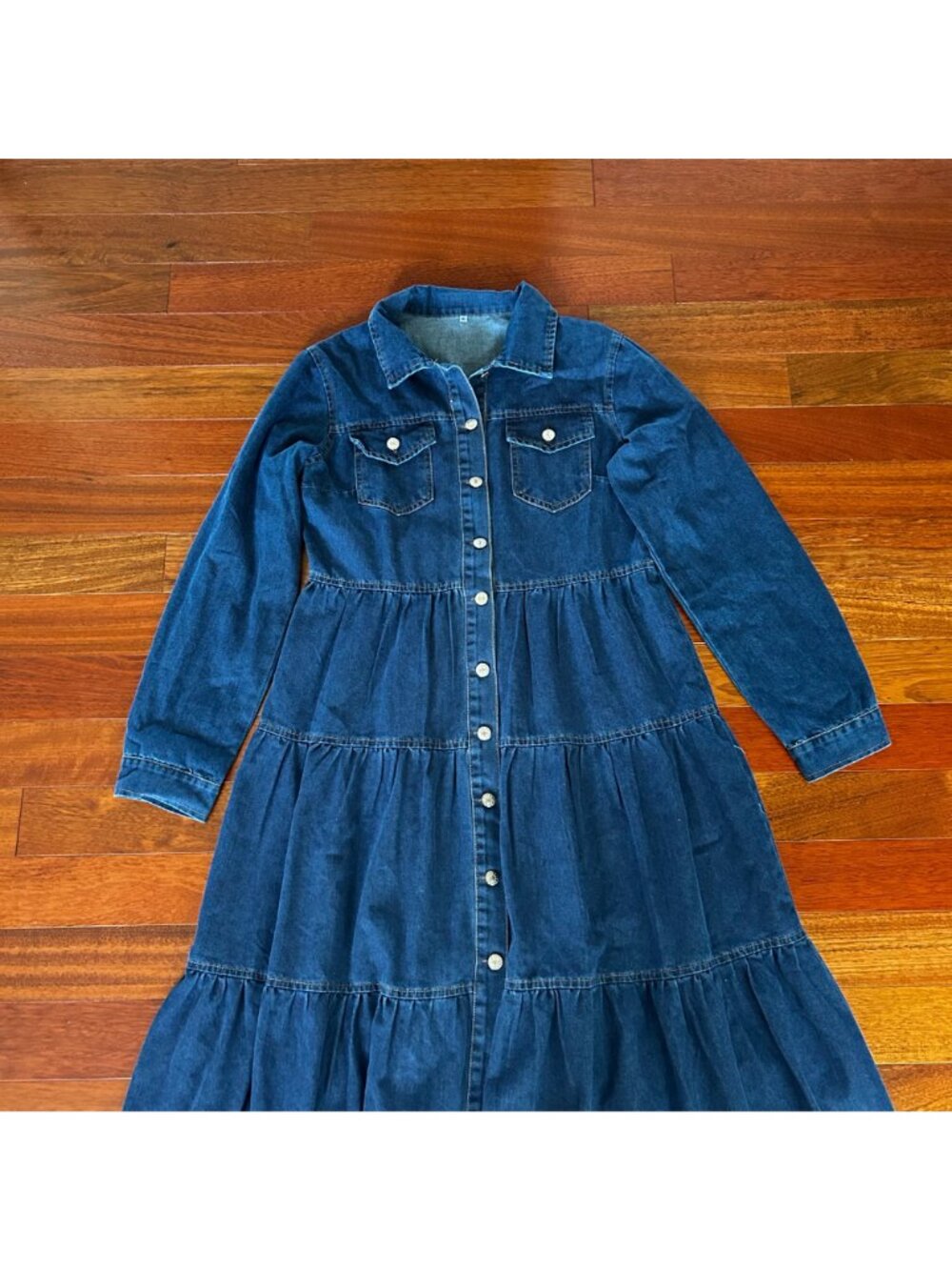 Women's Blue Denim Tiered Maxi Dress Button Front Long Sleeve Size XL - Picture 2 of 5